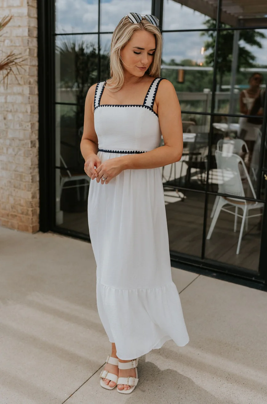 Saylor White & Navy Scallop Midi Dress - Image 2