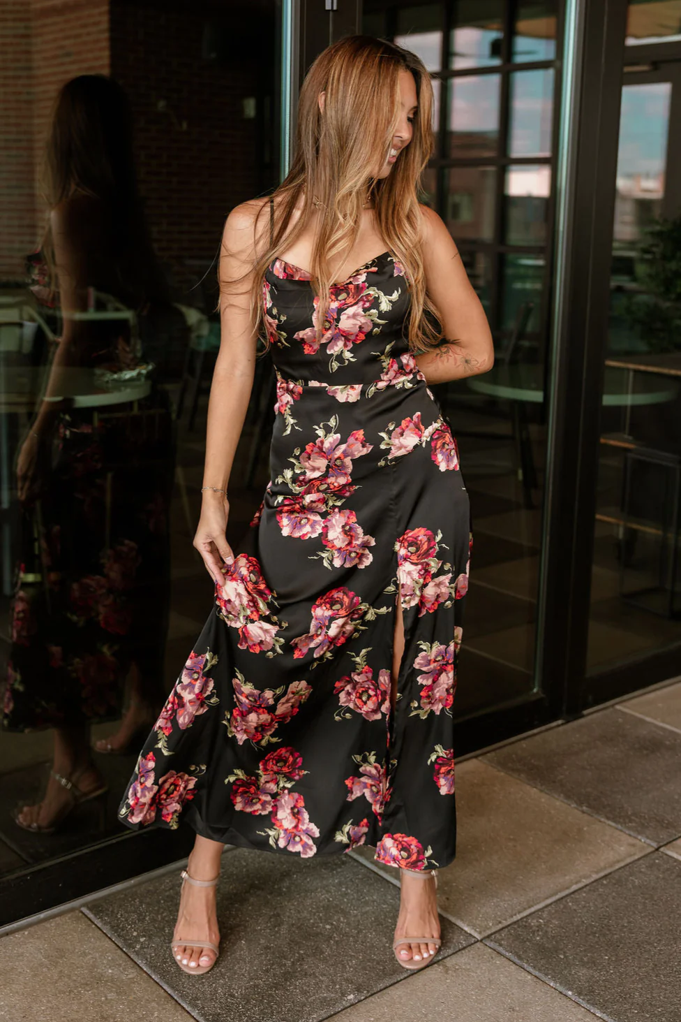 Scarlet Black Multi Floral Satin Midi Dress
