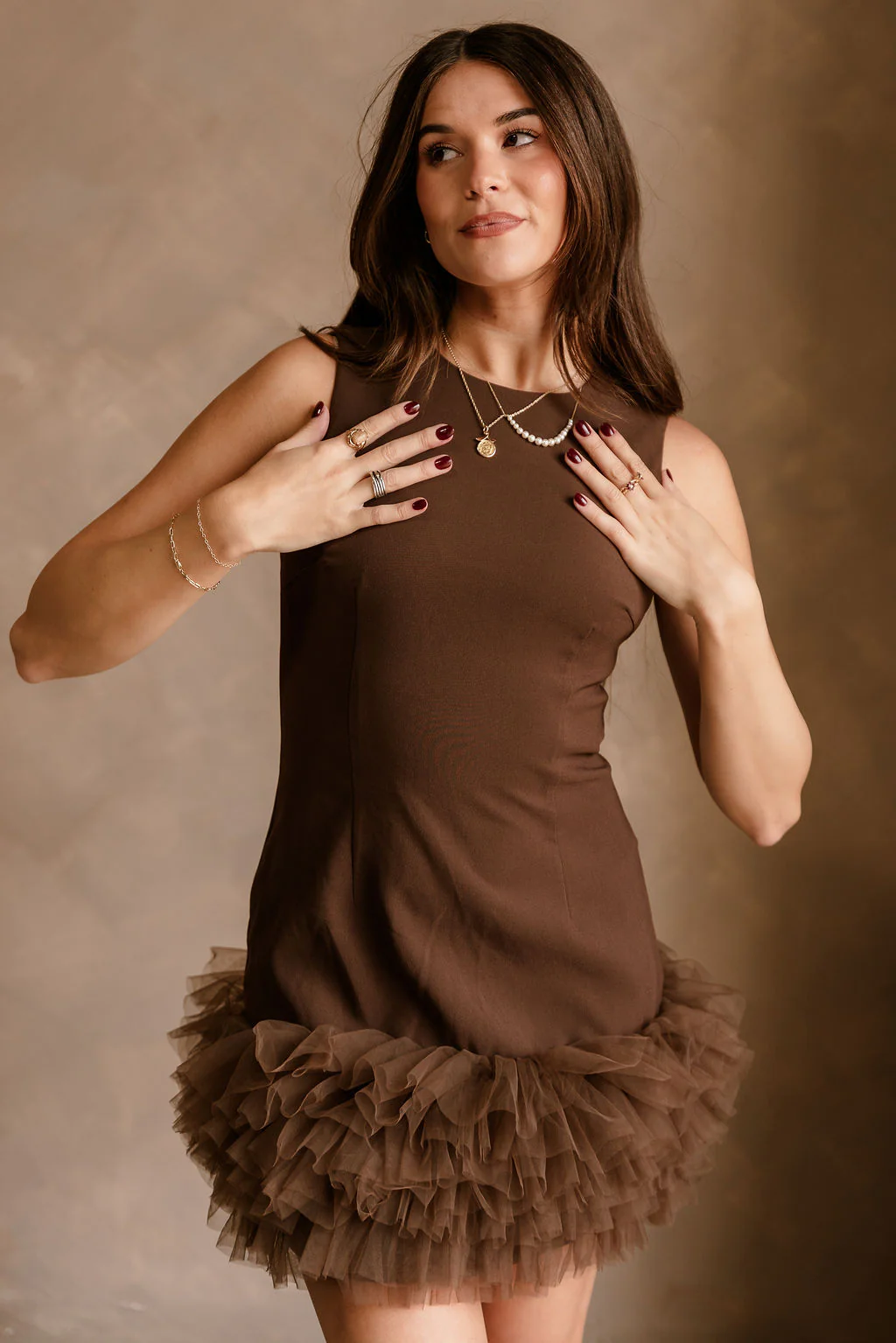 Scarlett Brown Tulle Trim Mini Dress - Image 7