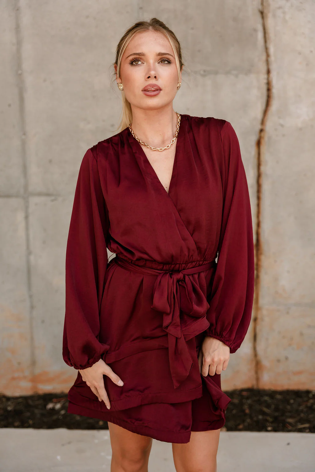 Selah Burgundy Satin Flare Mini Dress - Image 5