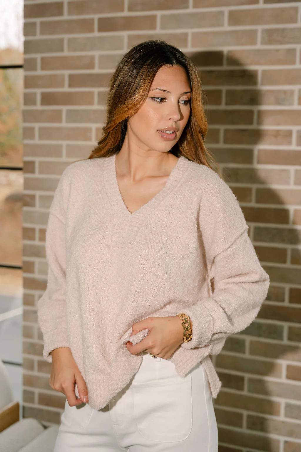 Selah Cream Knit V-Neckline Sweater