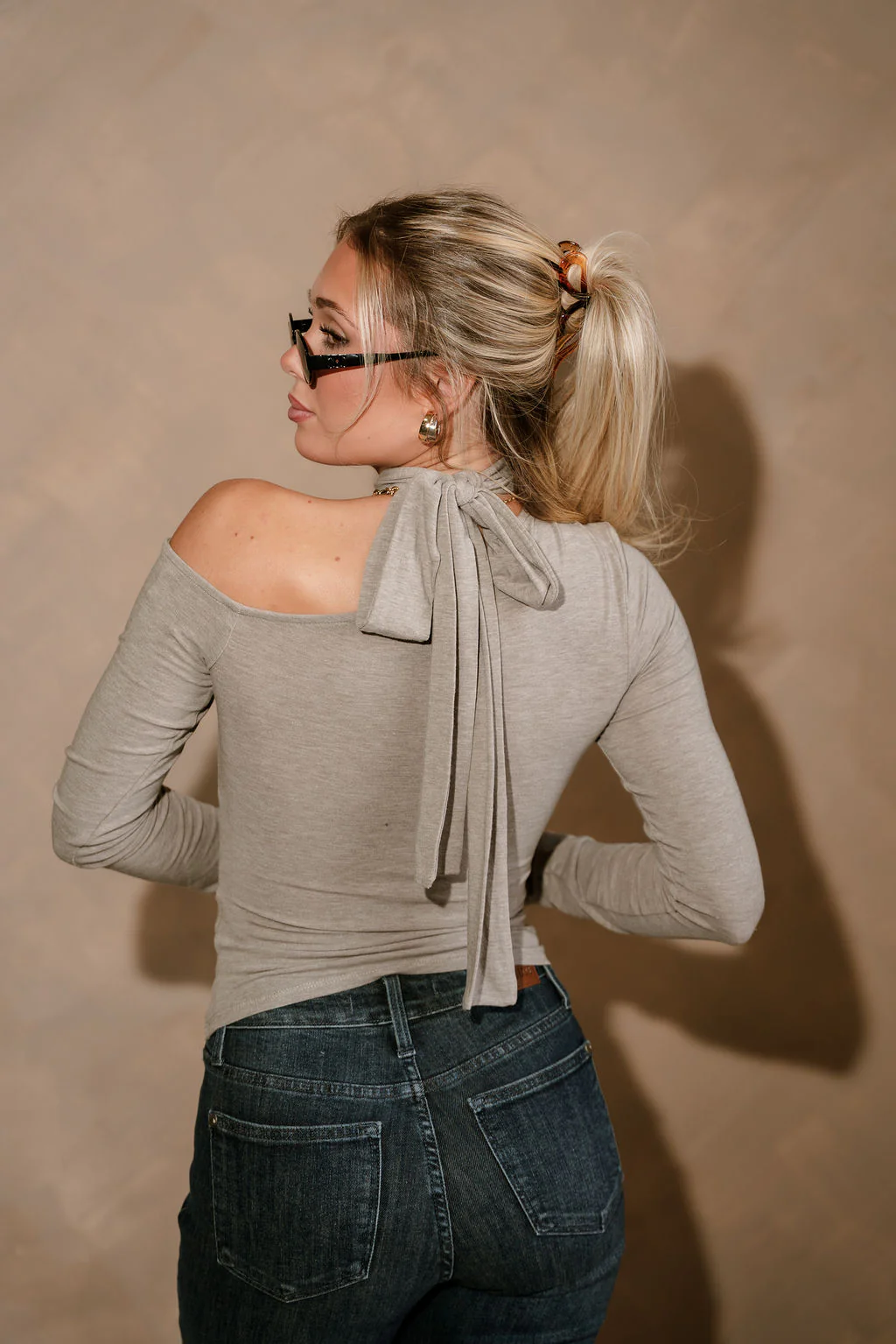Selah Heather Grey One Shoulder Tie Top