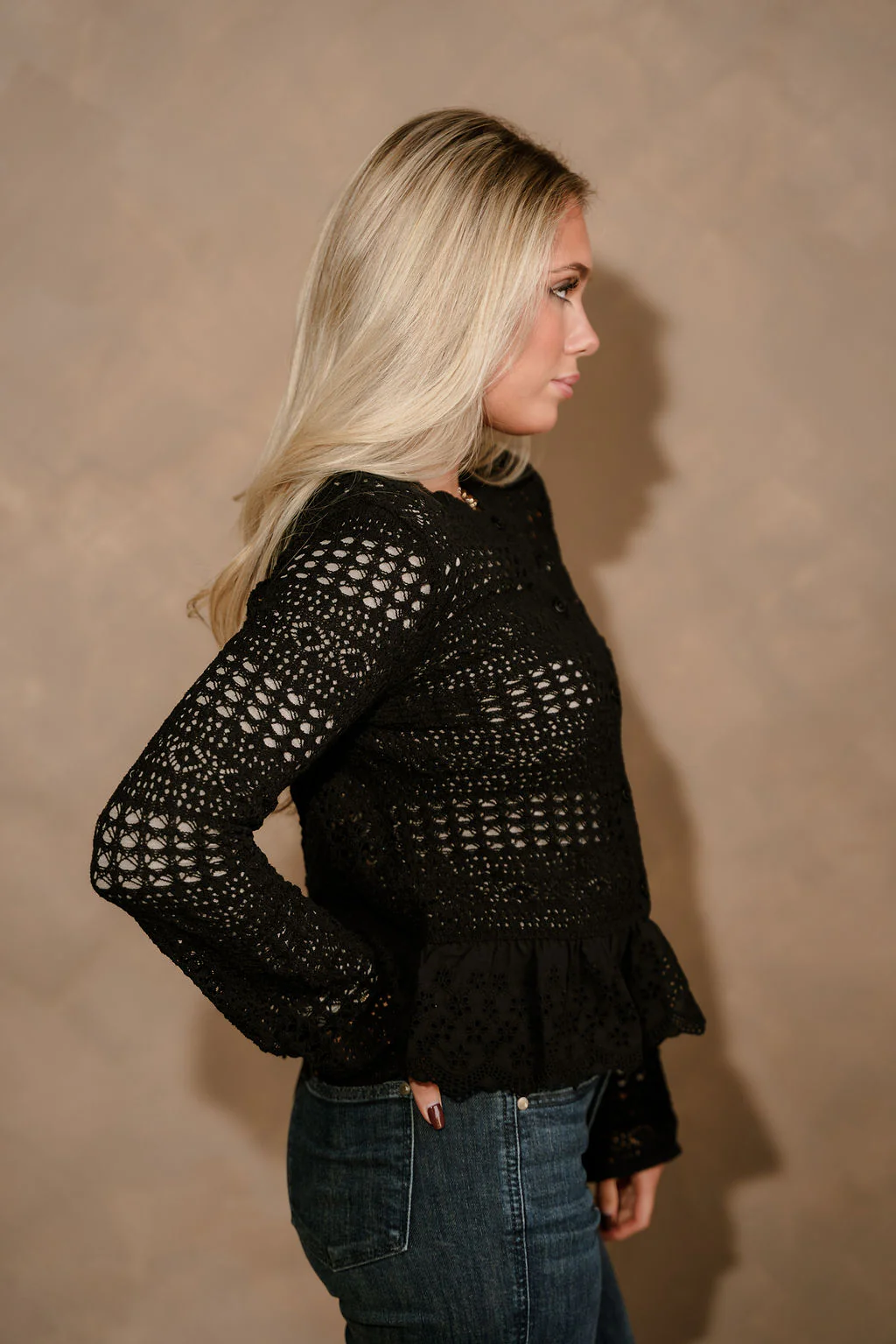 Selena Black Open Knit & Eyelet Flare Cardigan - Image 3