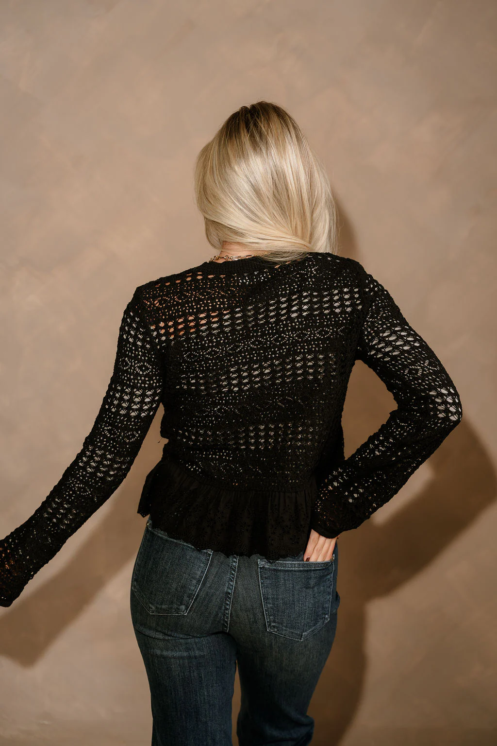 Selena Black Open Knit & Eyelet Flare Cardigan - Image 4