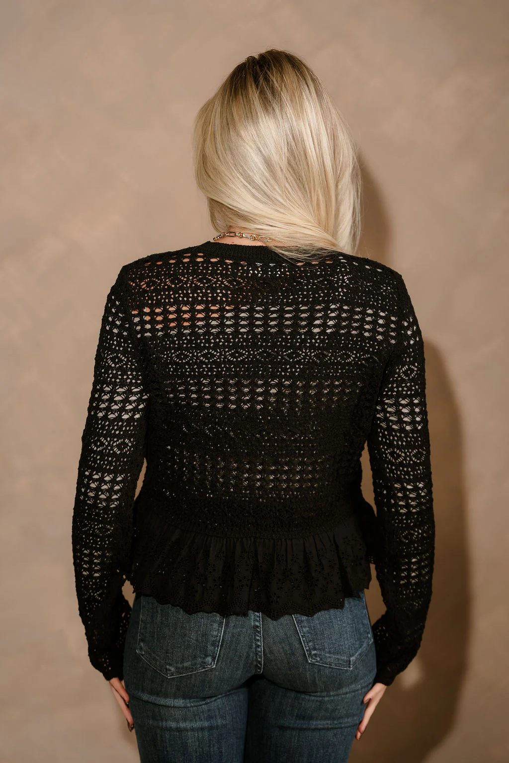 Selena Black Open Knit & Eyelet Flare Cardigan - Image 9