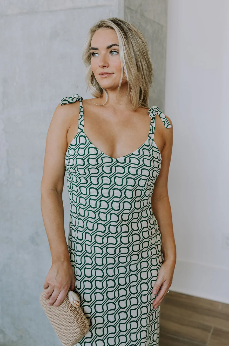 Selena Green & Cream Tie Straps Midi Dress - Image 2