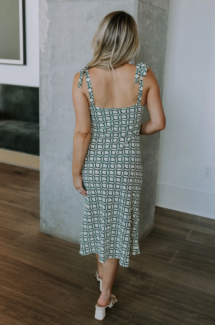 Selena Green & Cream Tie Straps Midi Dress - Image 6