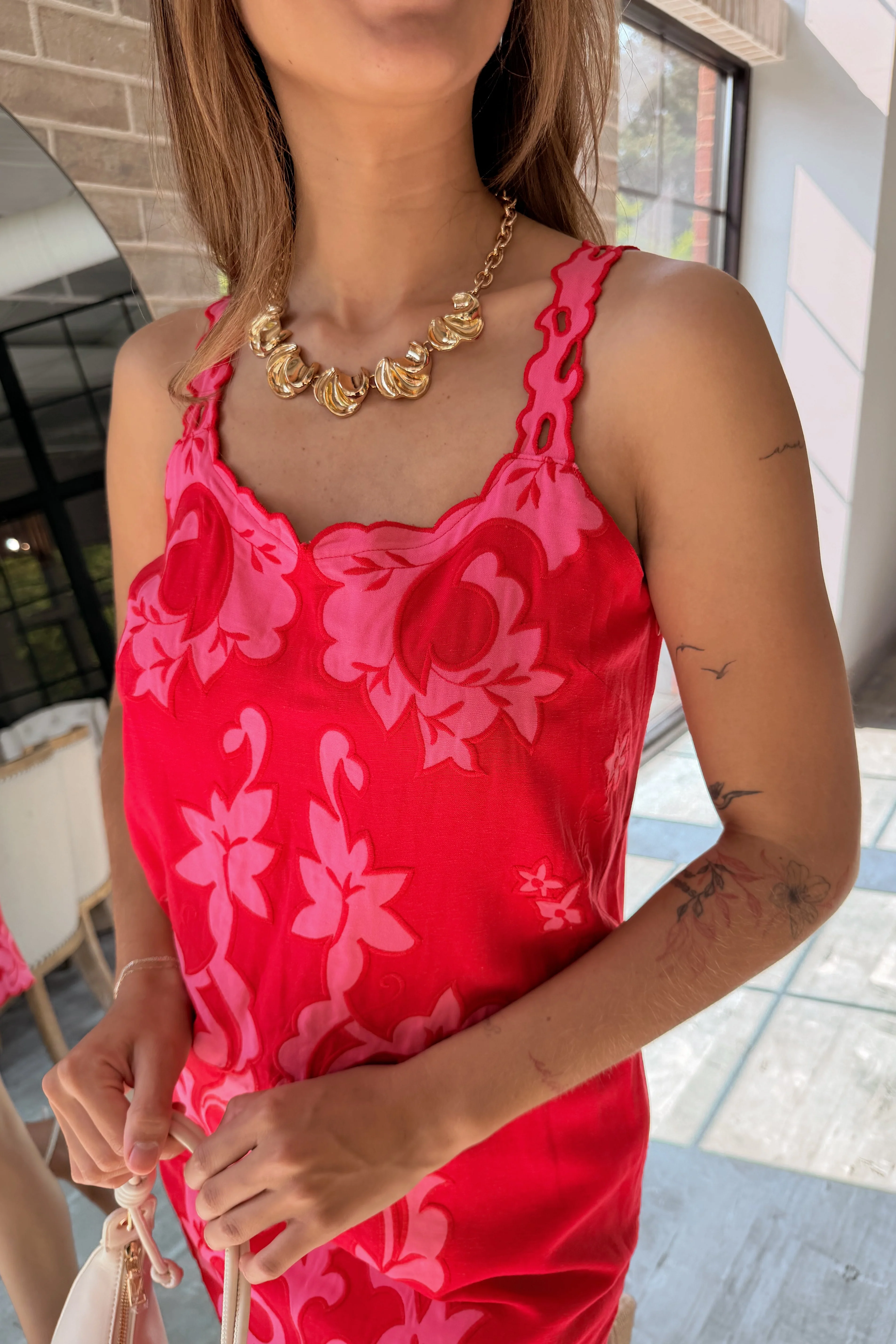 Selena Red & Pink Floral Scallop Mini Dress - Image 2