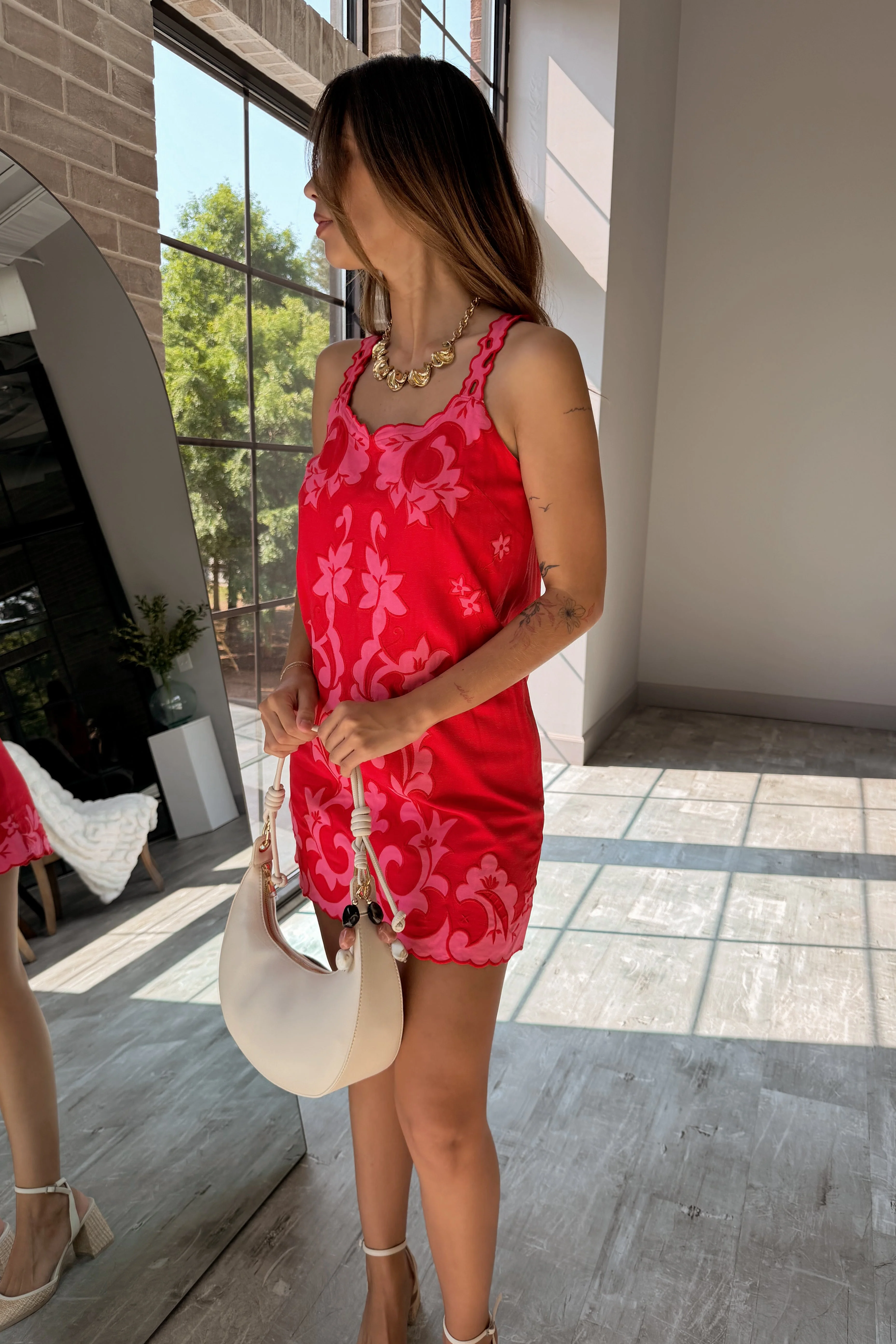 Selena Red & Pink Floral Scallop Mini Dress - Image 3