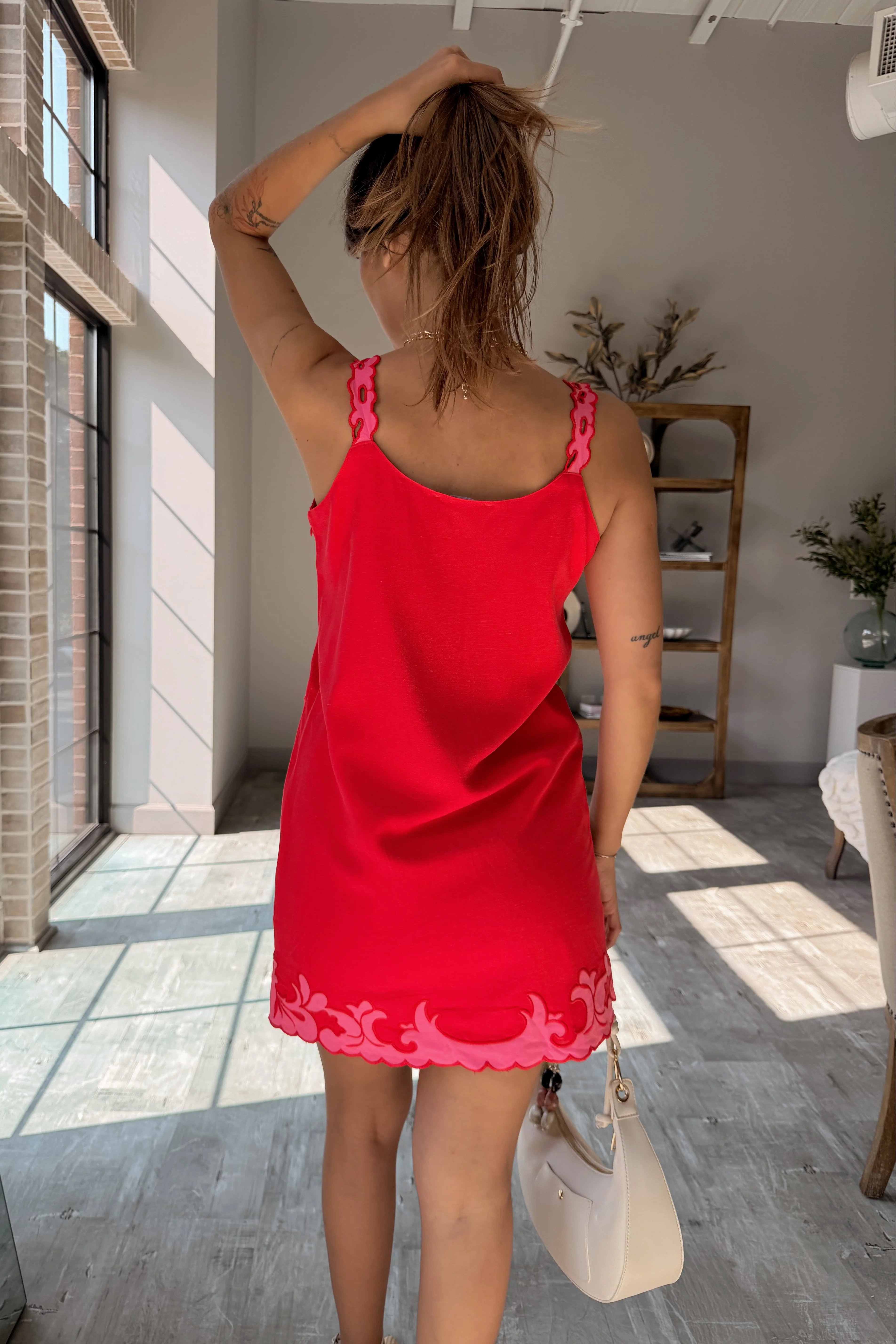 Selena Red & Pink Floral Scallop Mini Dress - Image 4