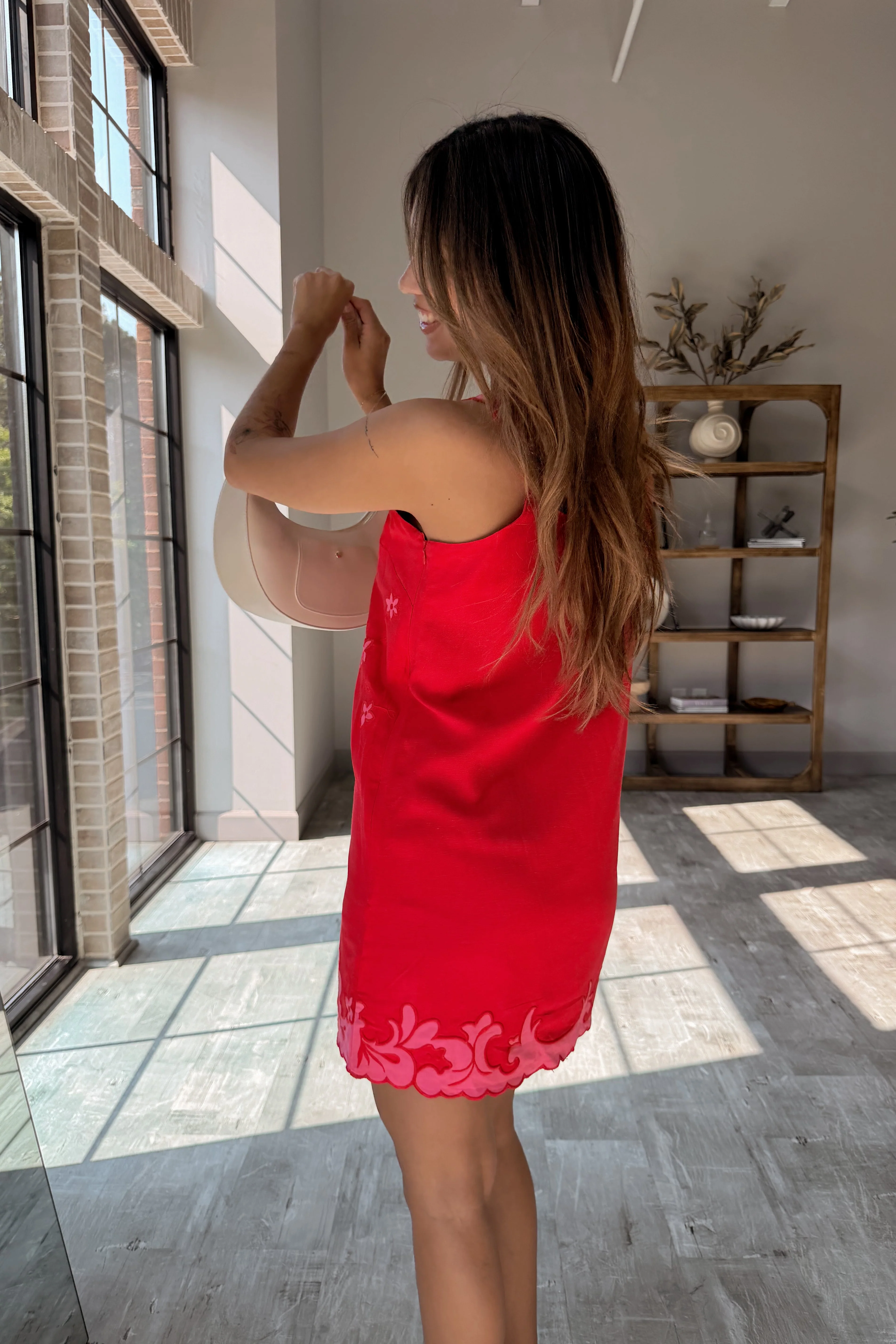 Selena Red & Pink Floral Scallop Mini Dress - Image 6