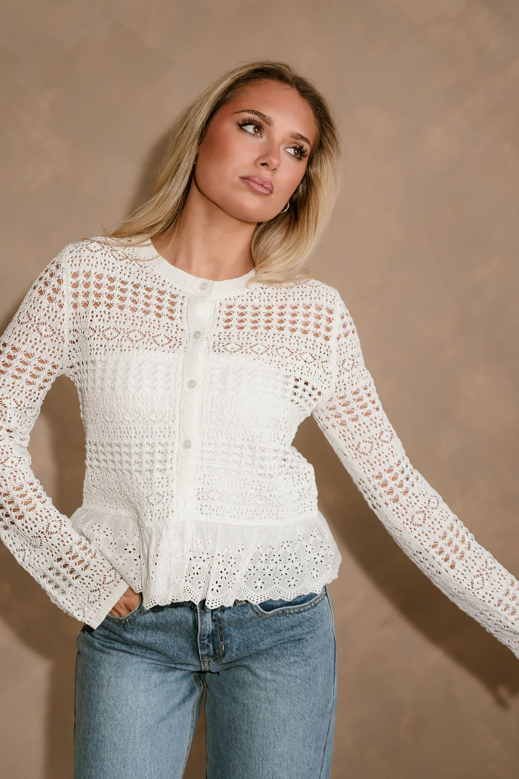 Selena White Open Knit & Eyelet Flare Cardigan - Image 6