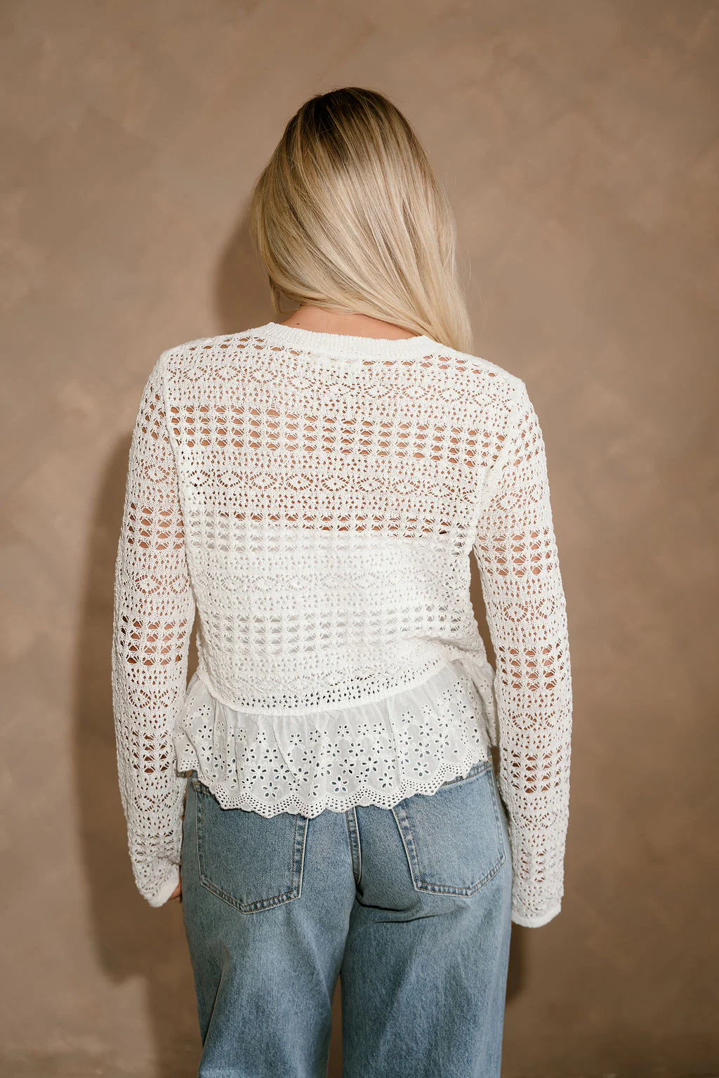 Selena White Open Knit & Eyelet Flare Cardigan - Image 7