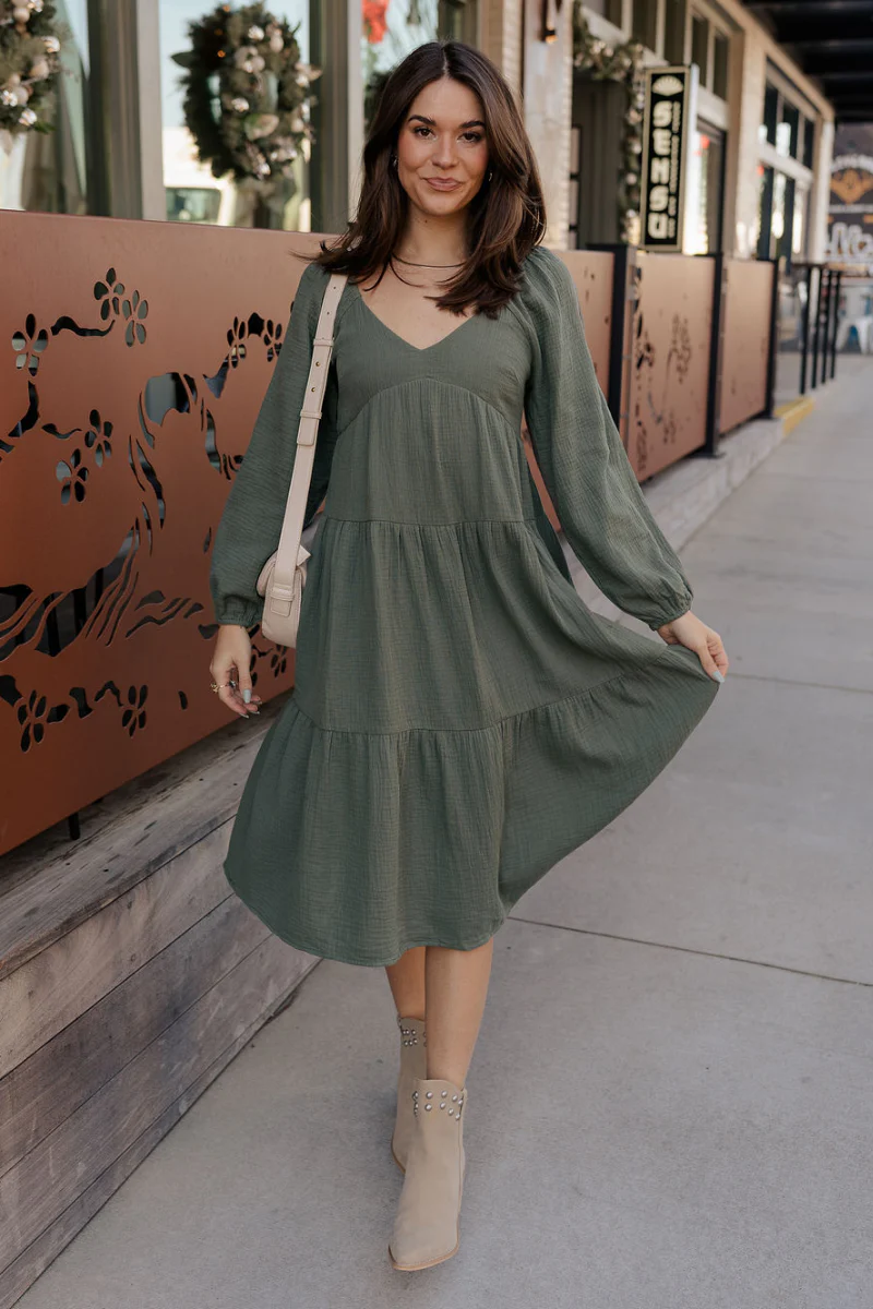 Selene Olive Gauze Midi Long Sleeve Dress