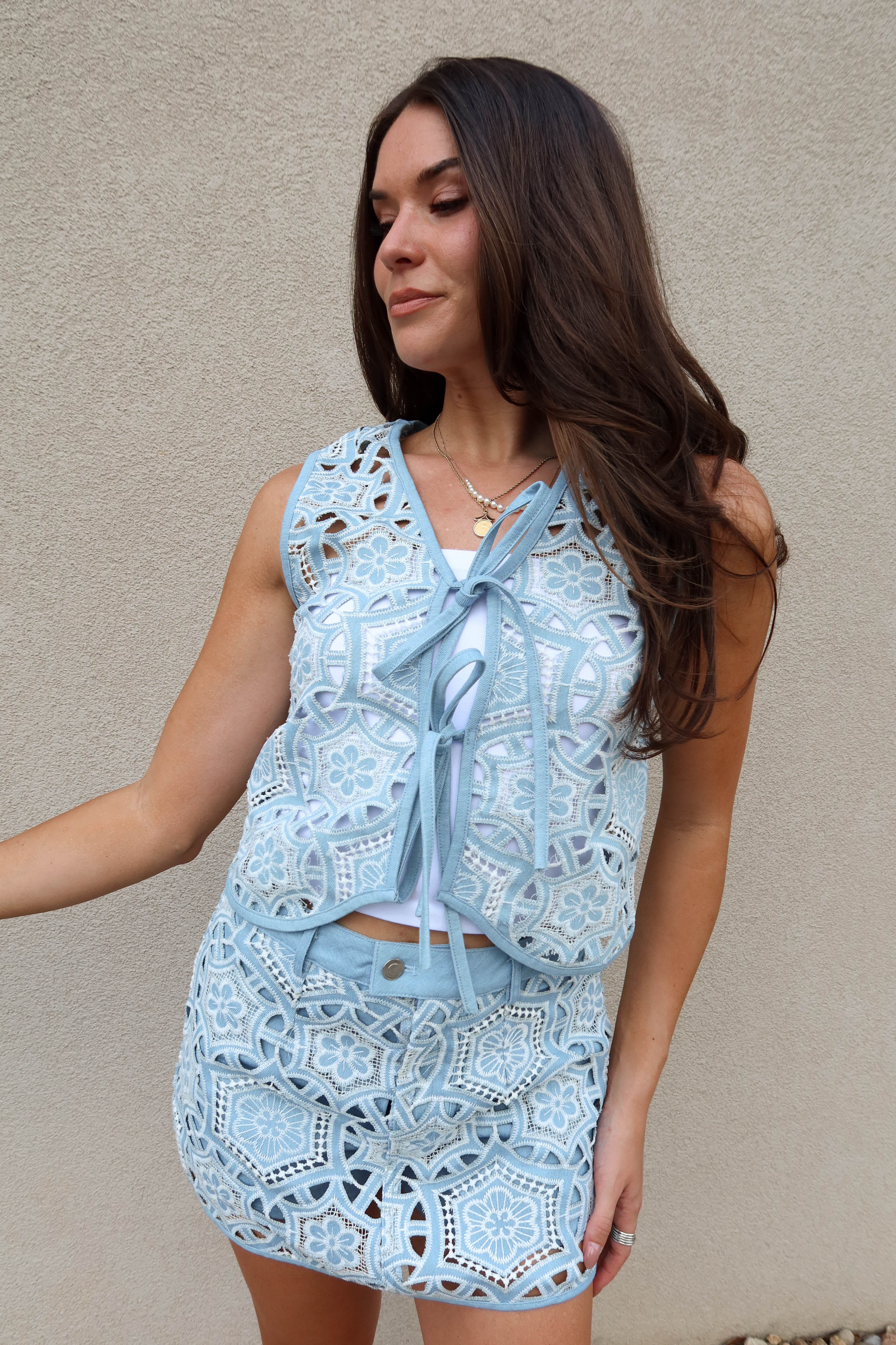 Sena Blue Denim Lace Front Tie Top