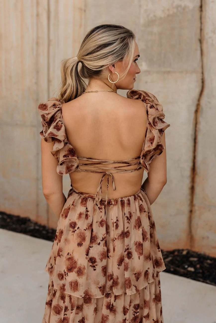 Seraphina Brown Floral Ruffle Maxi Dress - Image 4