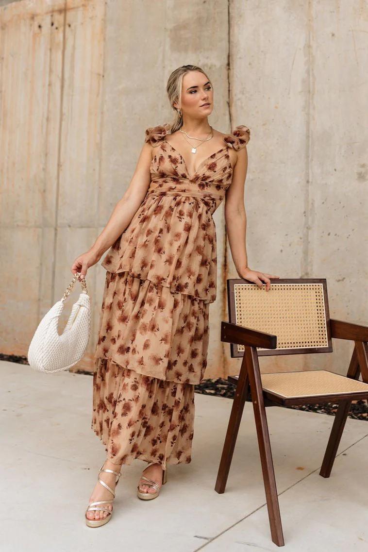 Seraphina Brown Floral Ruffle Maxi Dress - Image 9