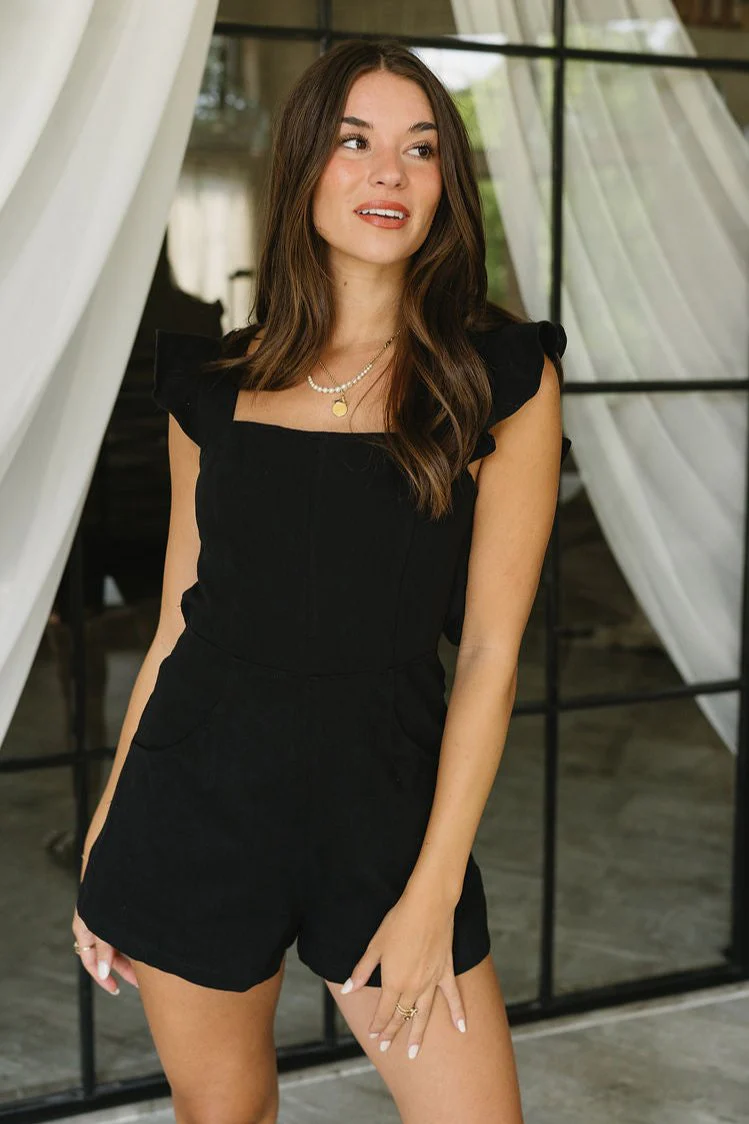 Shelby Black Denim Ruffle Romper - Image 2