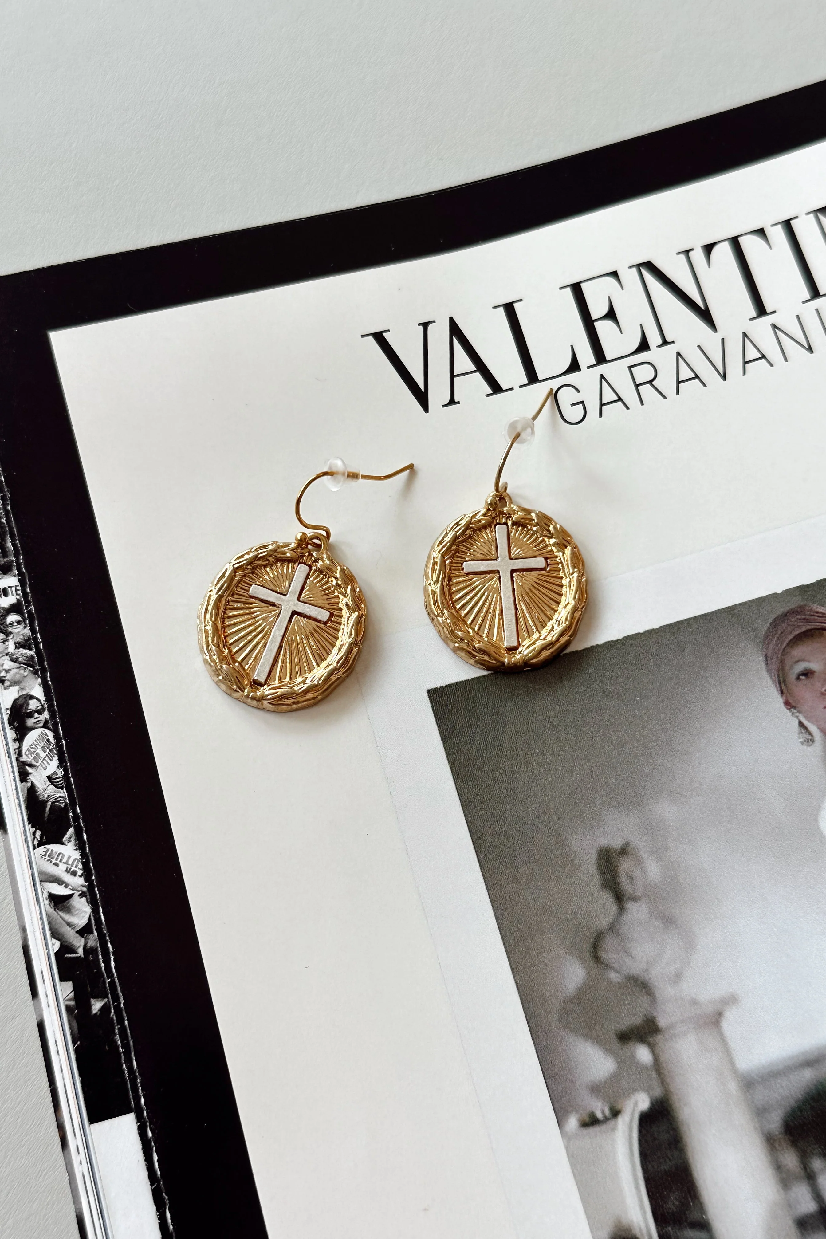 Shiloh Gold & Silver Cross Medallion Earrings - Image 2