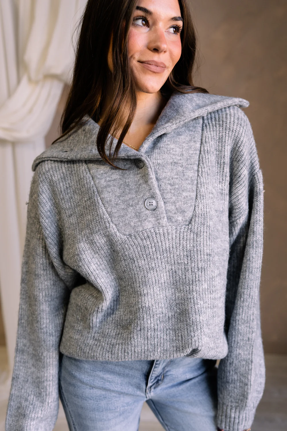 Shyla Grey Knit Quarter Button-Up Sweater