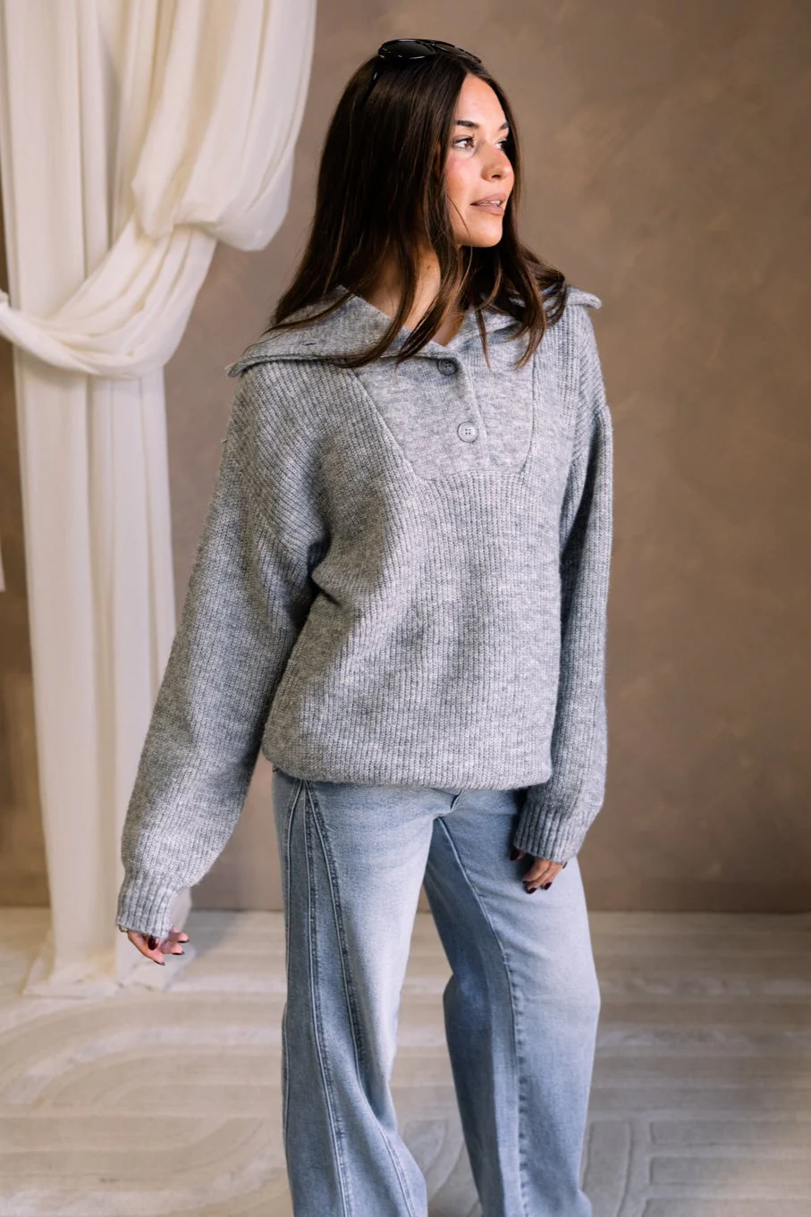 Shyla Grey Knit Quarter Button-Up Sweater - Image 3