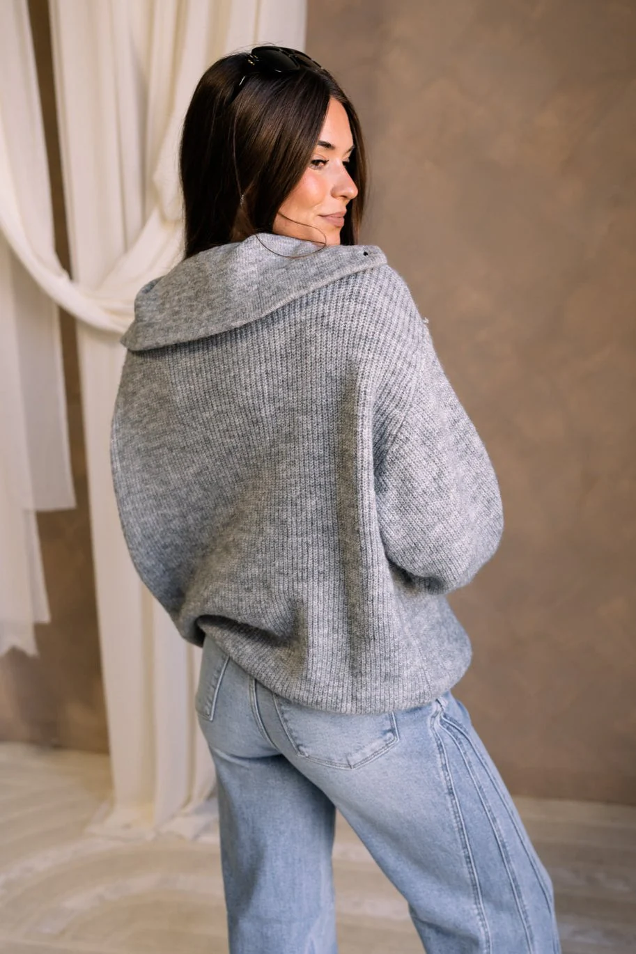 Shyla Grey Knit Quarter Button-Up Sweater - Image 4