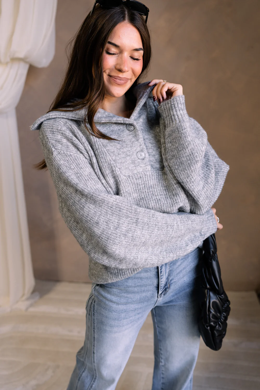 Shyla Grey Knit Quarter Button-Up Sweater - Image 6