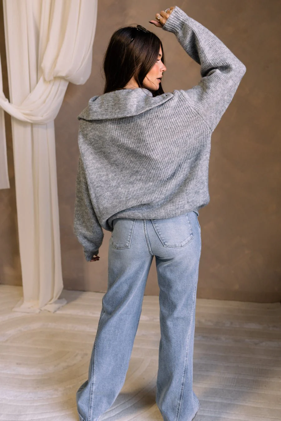 Shyla Grey Knit Quarter Button-Up Sweater - Image 7