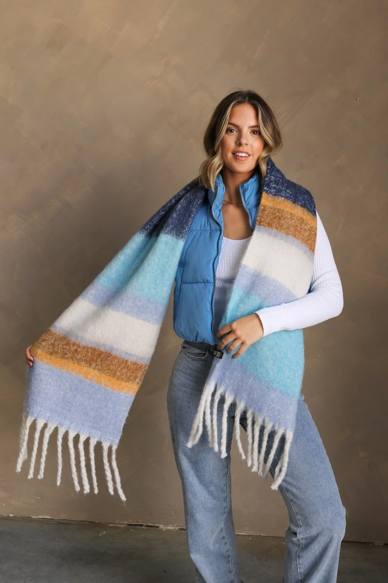 Sienna Blue Multi Striped Fringe Scarf - Image 5