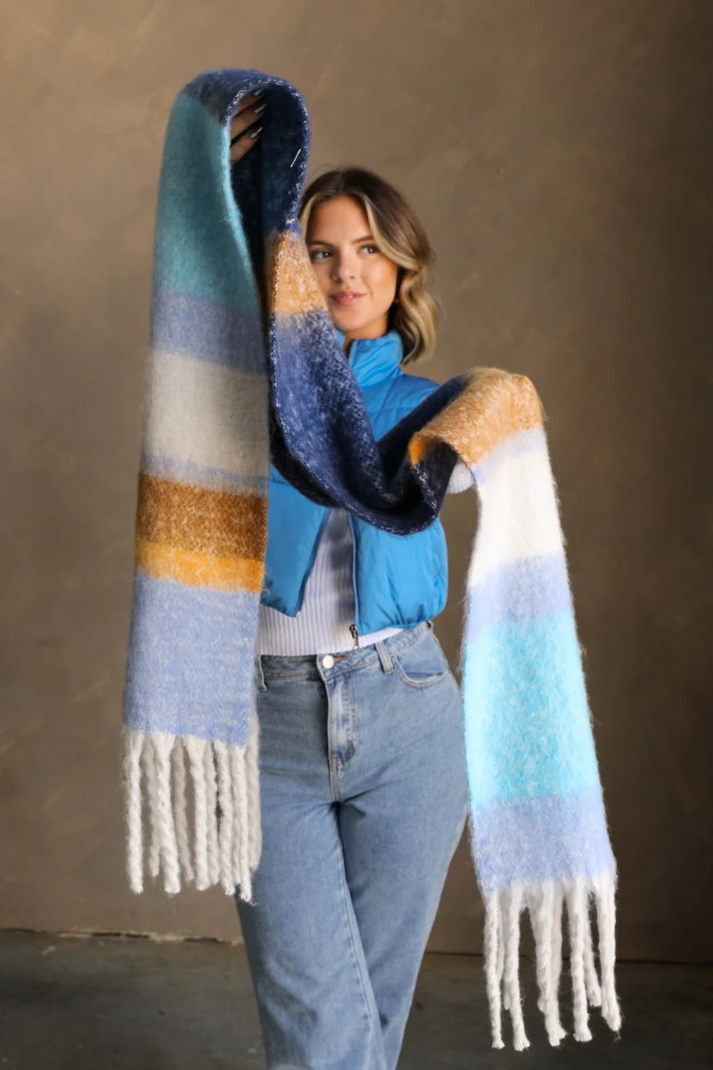 Sienna Blue Multi Striped Fringe Scarf - Image 6