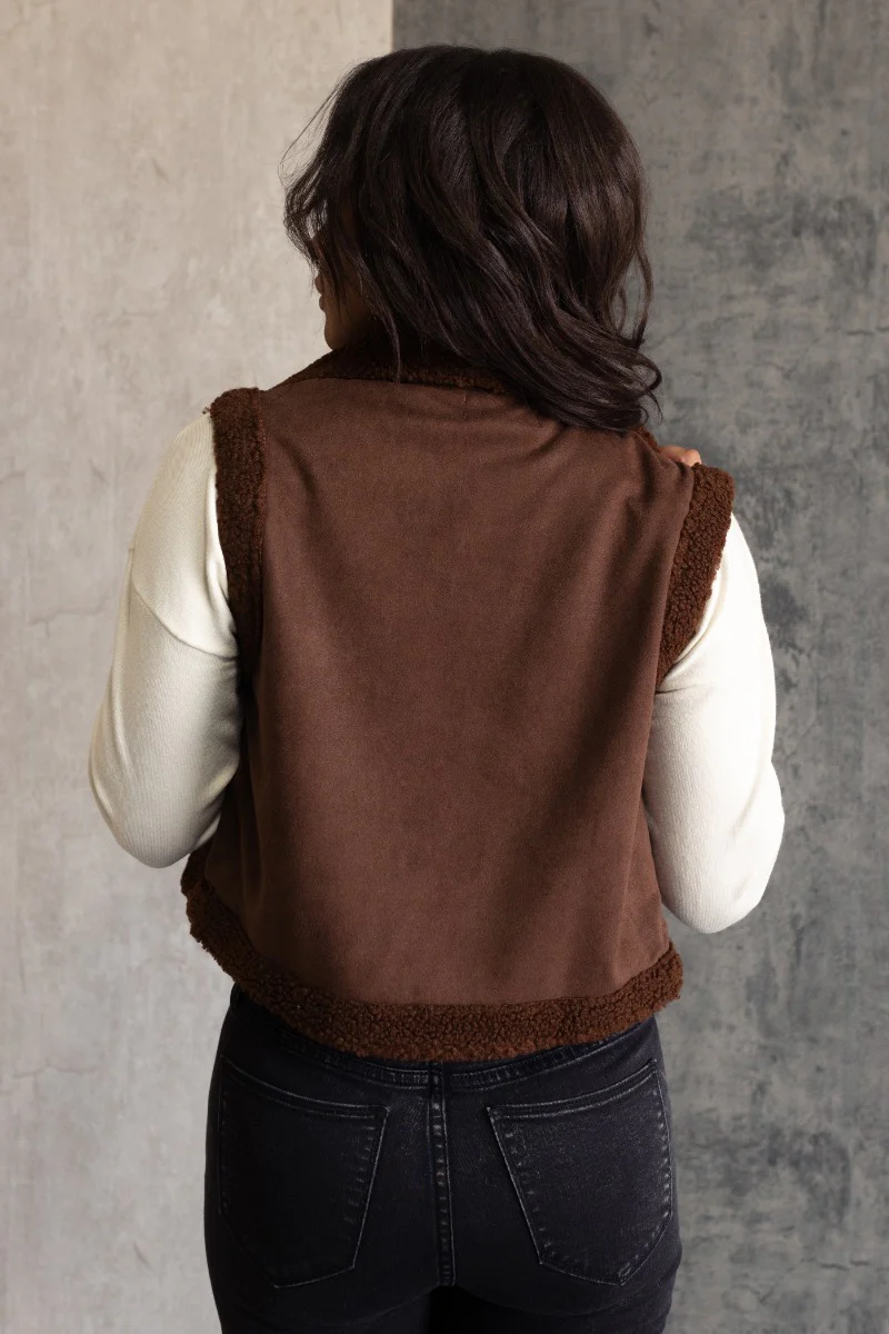 Sienna Brown Sherpa Cropped Zip-Up Vest - Image 6