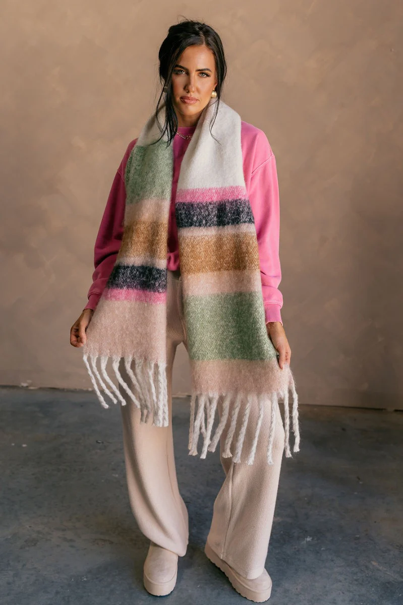 Sienna Ivory Multi Striped Fringe Scarf - Image 2