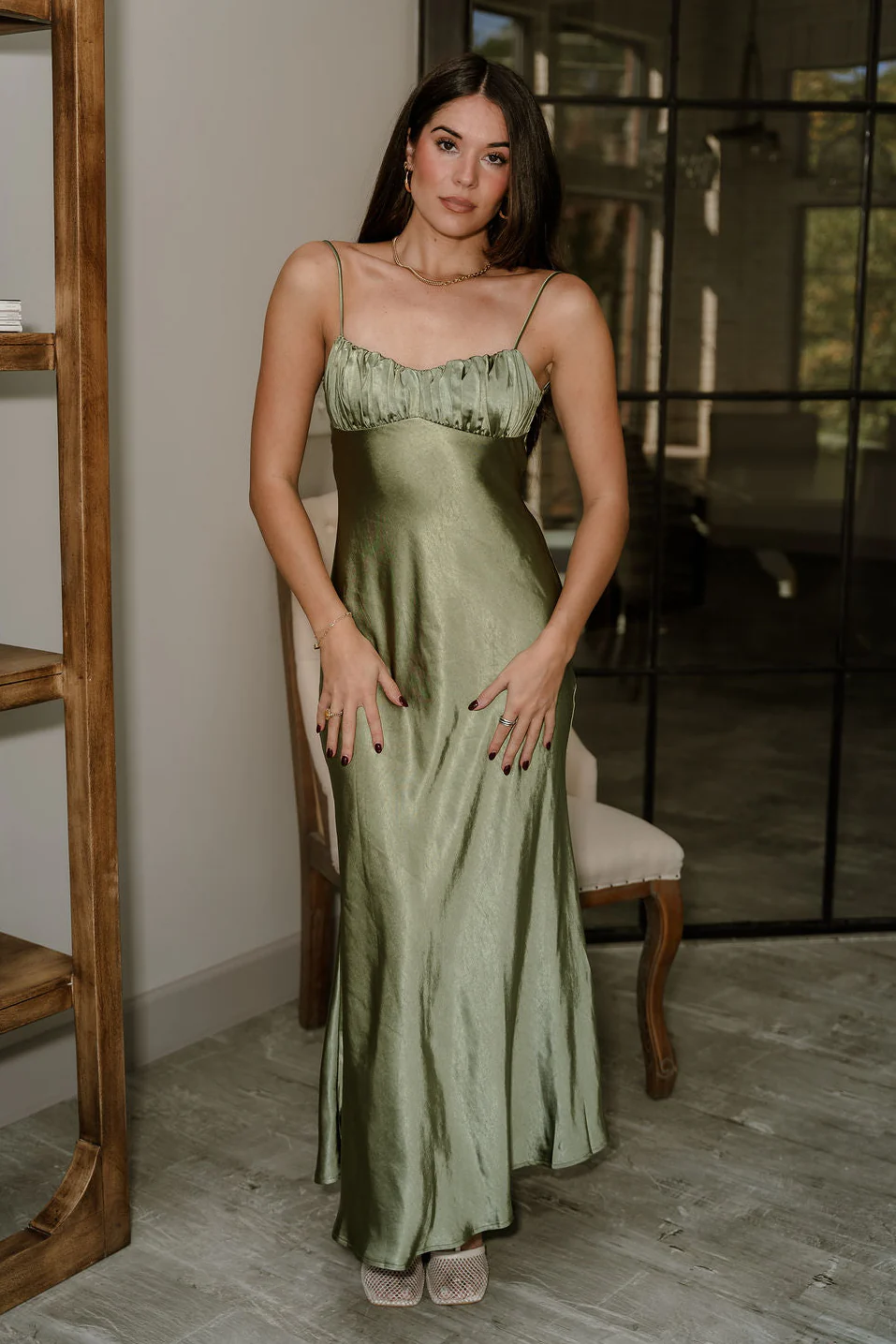 Sienna Olive Green Satin Maxi Dress - Image 5