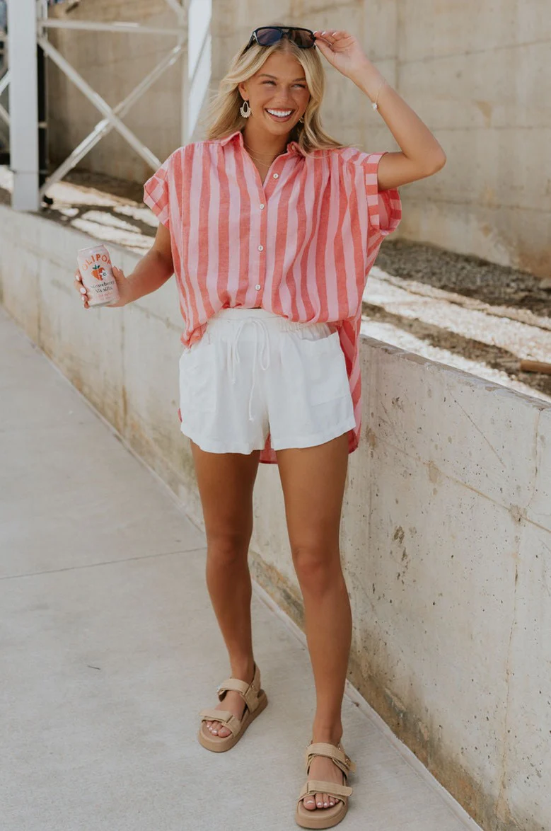 Sienna Pink & Red Stripe Button-Up Short Sleeve Top - Image 2