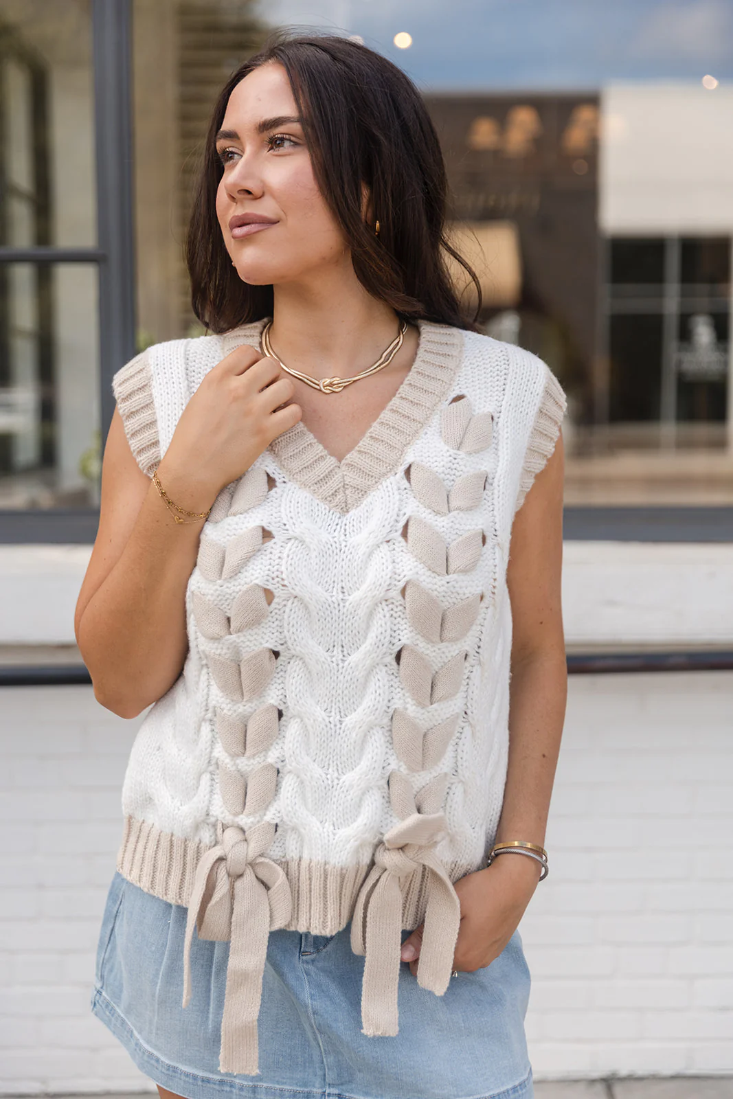 Sienna White & Taupe Tie Sleeveless Sweater - Image 2