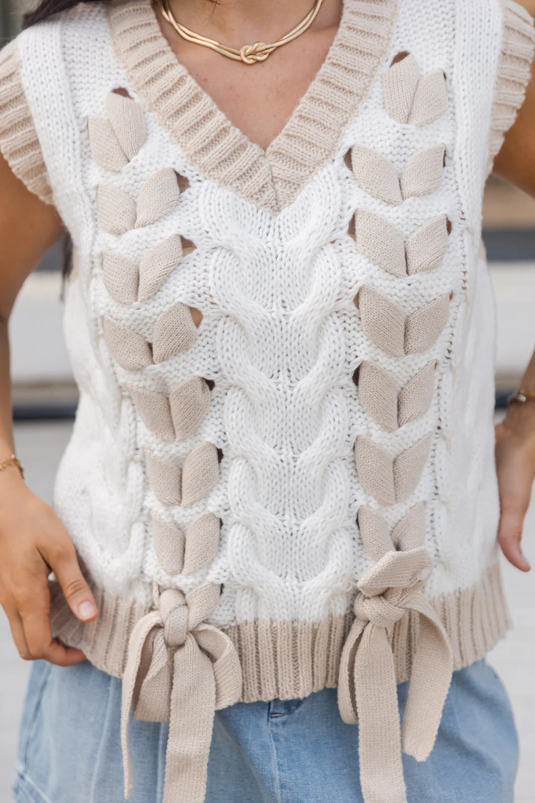 Sienna White & Taupe Tie Sleeveless Sweater - Image 3