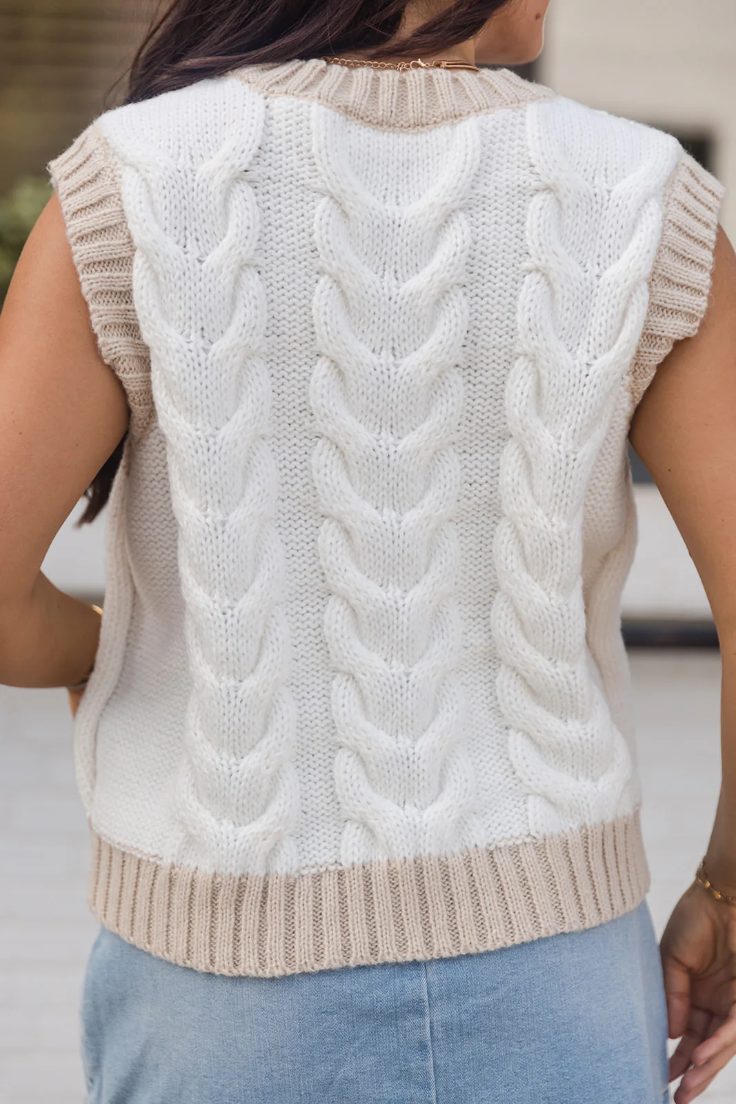 Sienna White & Taupe Tie Sleeveless Sweater - Image 4