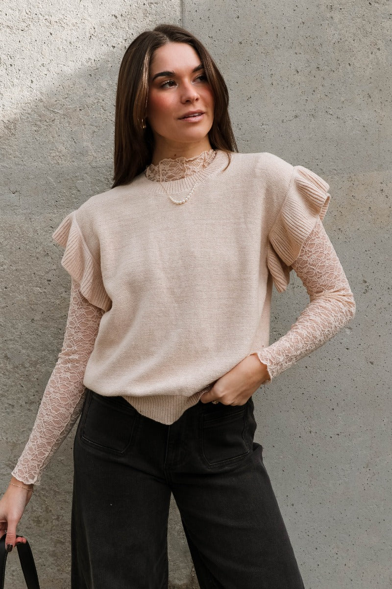 Sierra Beige Knit Ruffle Sweater - Image 3