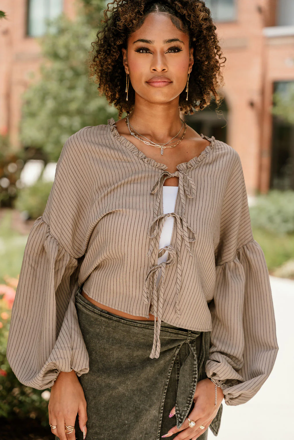 Sierra Brown Stripe Front Ties Top - Image 2