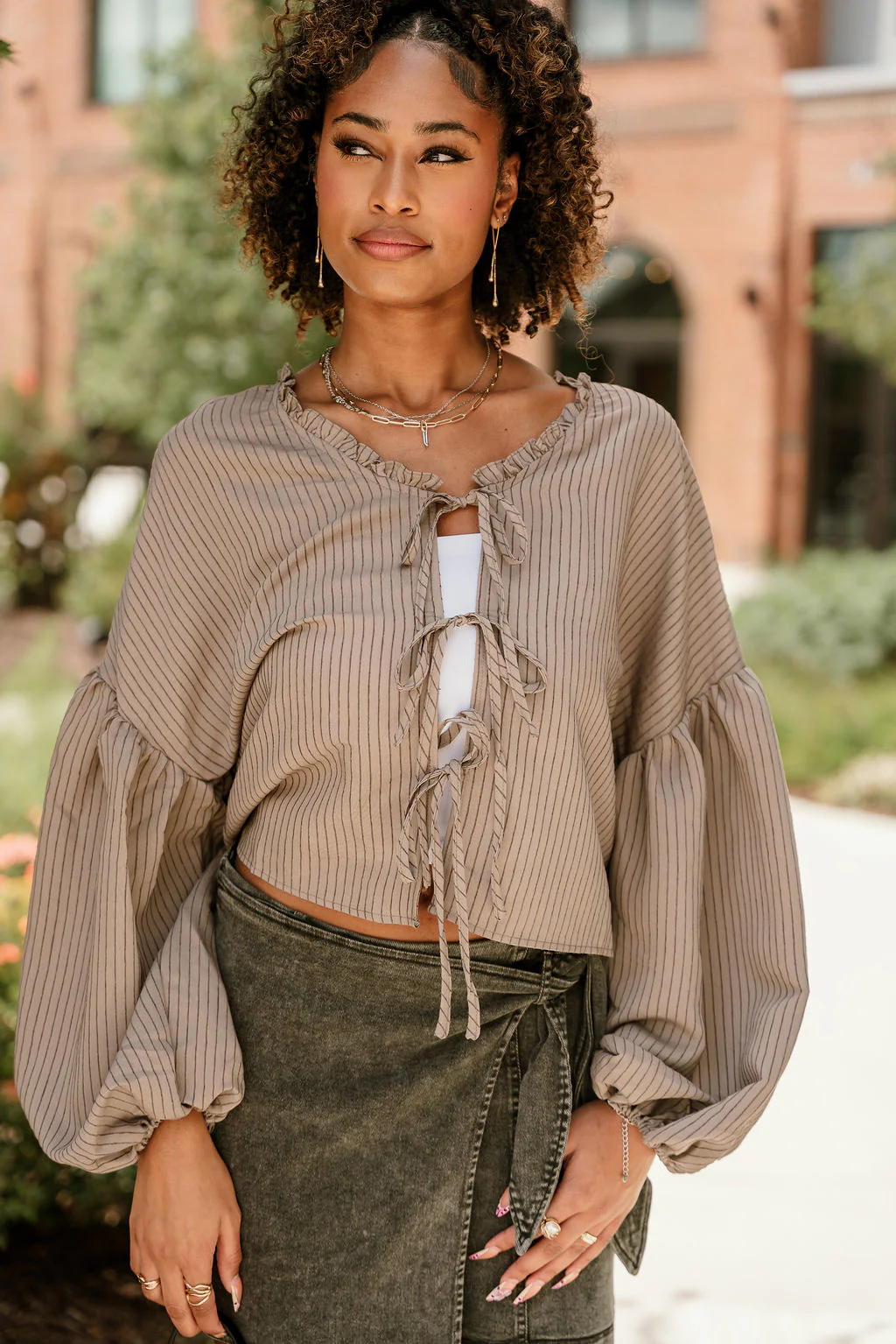 Sierra Brown Stripe Front Ties Top - Image 6