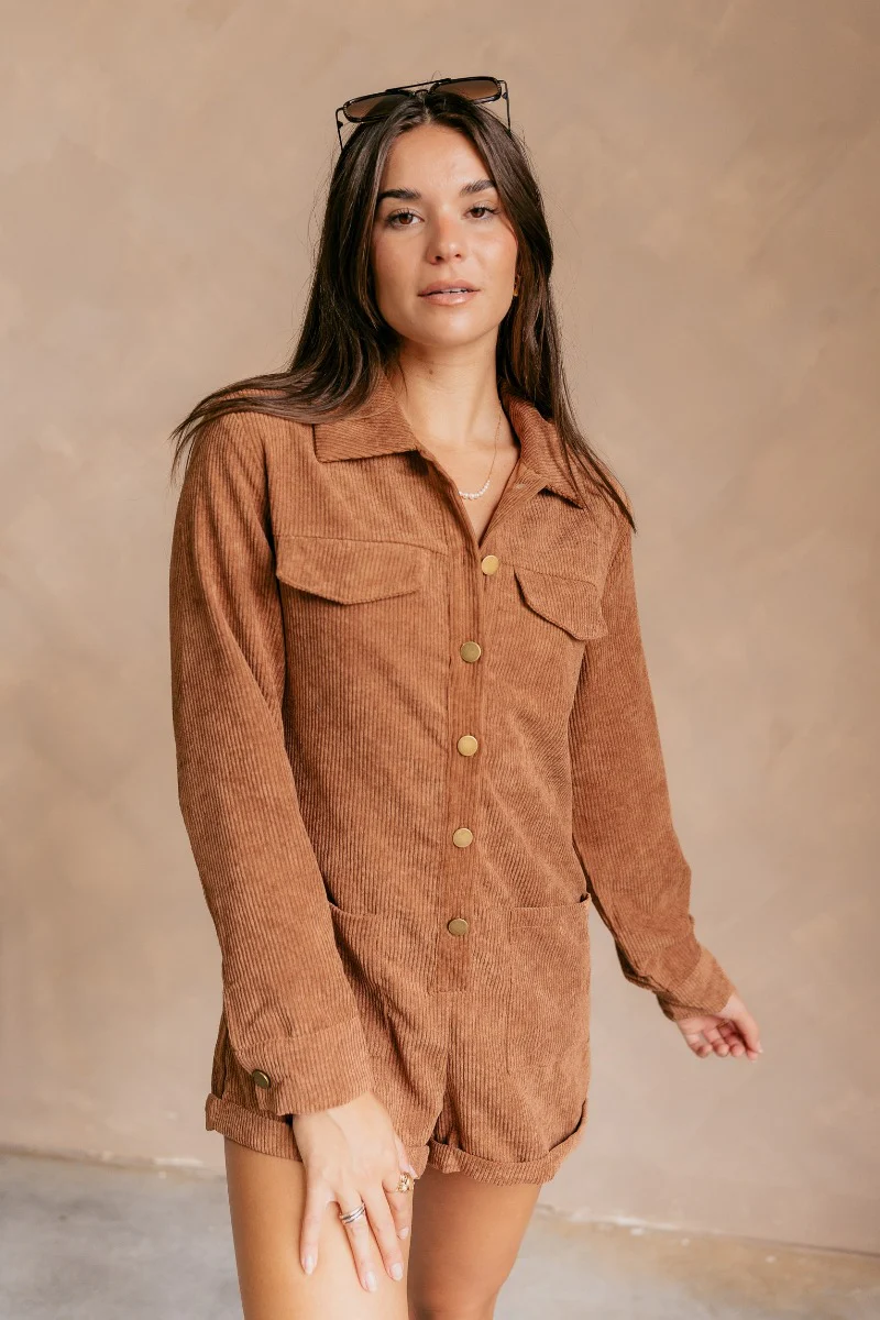 Simone Brown Corduroy Long Sleeve Romper - Image 2