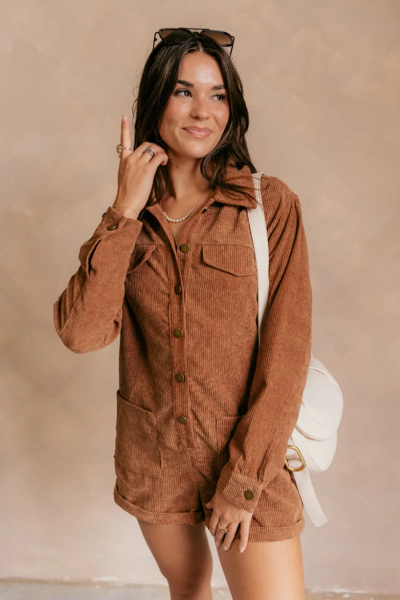 Simone Brown Corduroy Long Sleeve Romper - Image 3