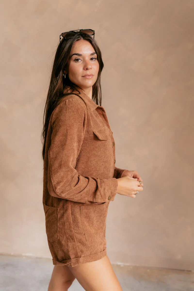 Simone Brown Corduroy Long Sleeve Romper - Image 5