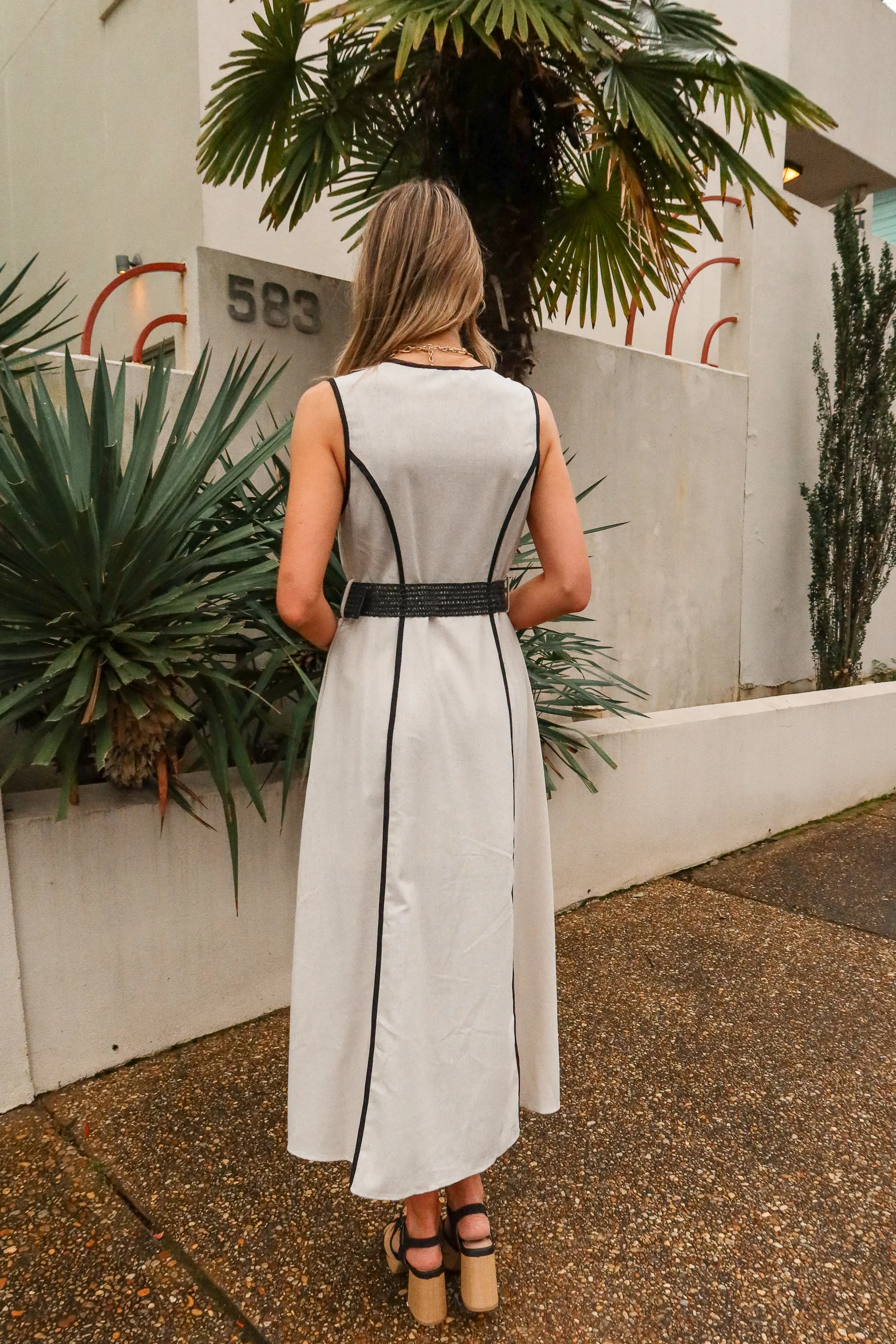 Simone Natural & Black Belted Midi Dress - Image 5