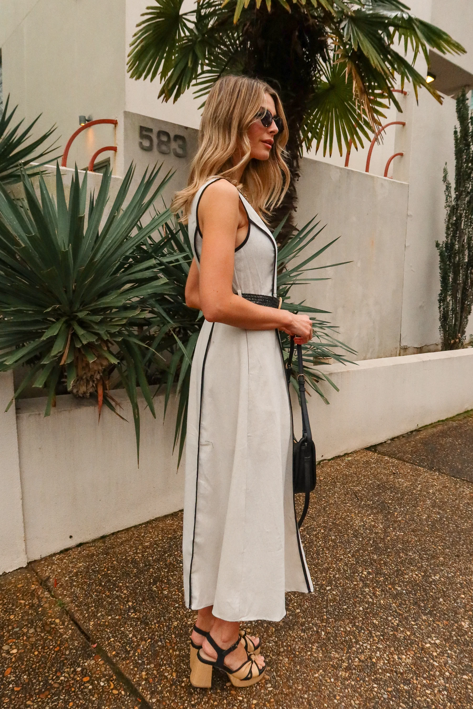 Simone Natural & Black Belted Midi Dress - Image 7