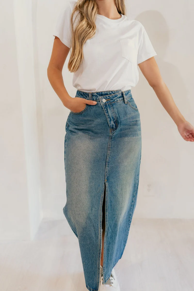 Skye Blue Denim Slit Midi Skirt