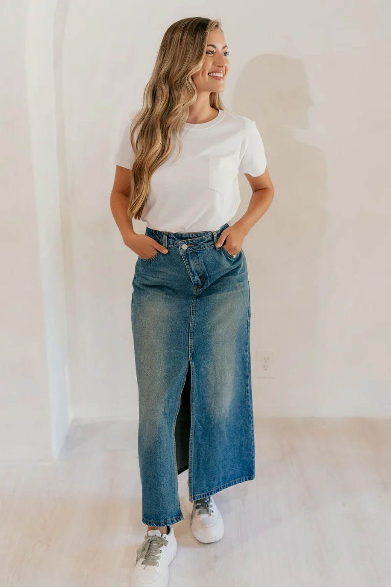Skye Blue Denim Slit Midi Skirt - Image 2