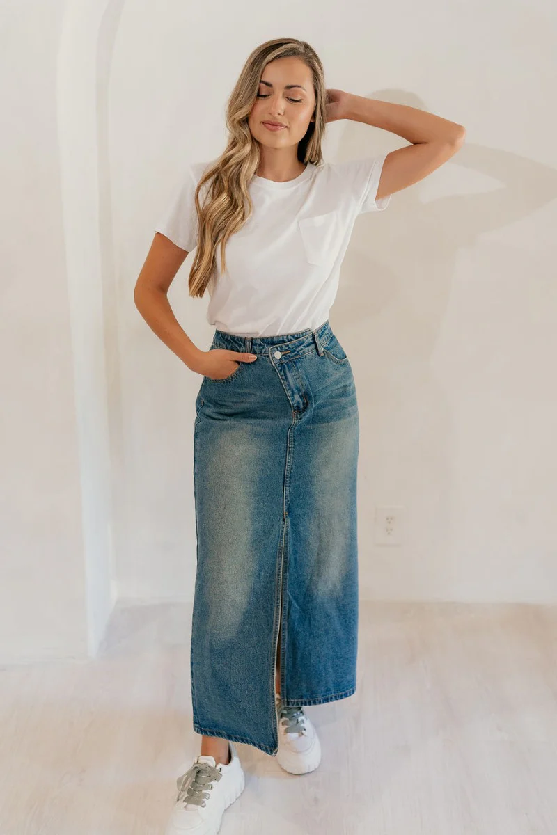 Skye Blue Denim Slit Midi Skirt - Image 3