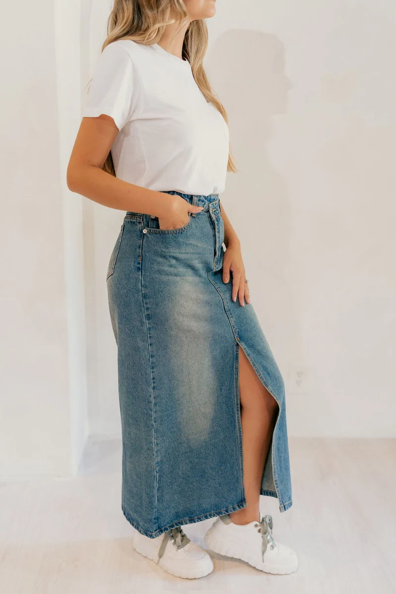 Skye Blue Denim Slit Midi Skirt - Image 5