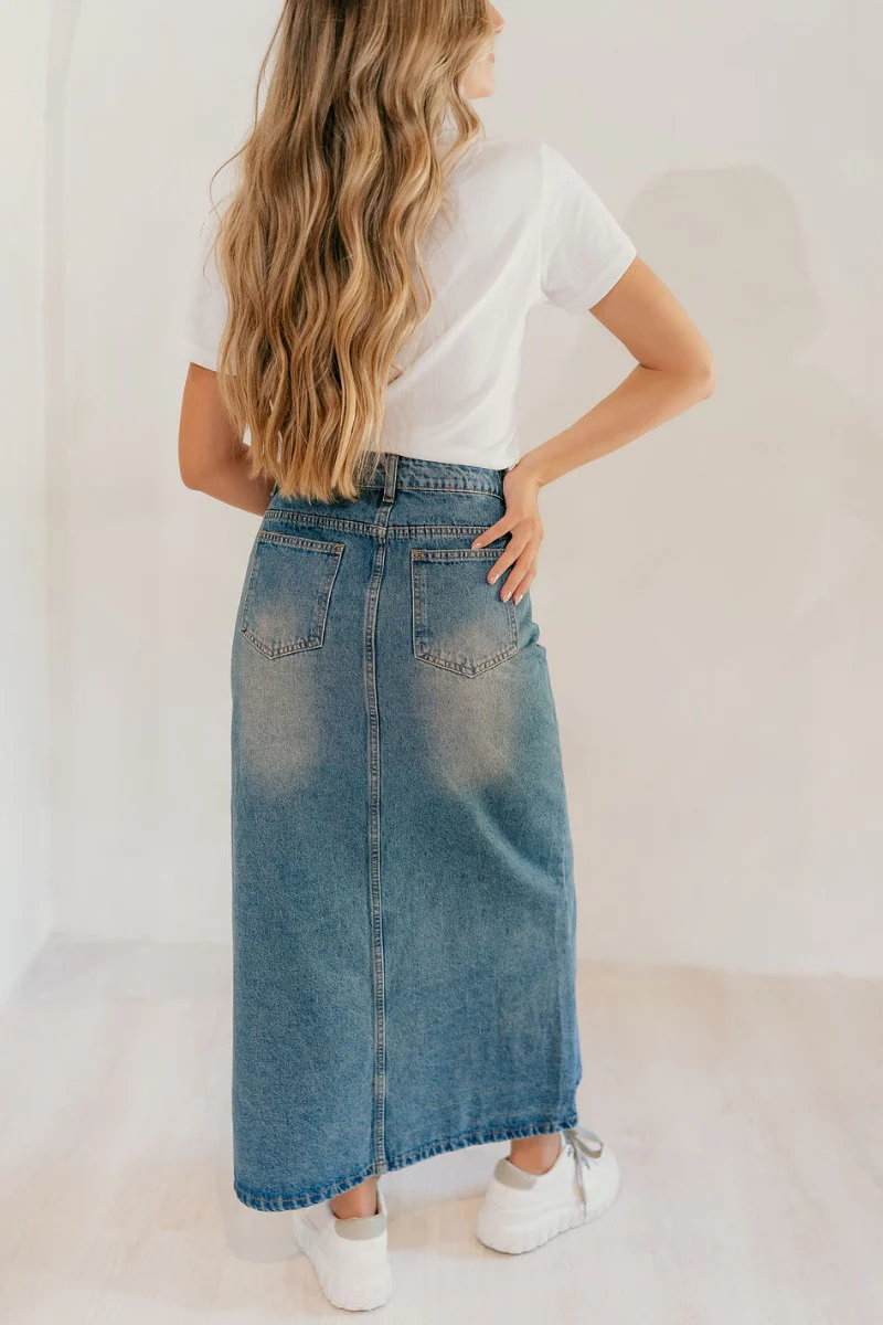 Skye Blue Denim Slit Midi Skirt - Image 6